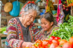 Young girl helping elderly woman selling vegetables at local market